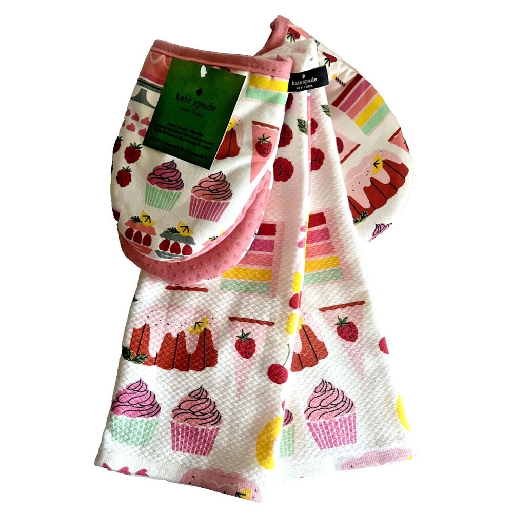 Kate Spade Kitchen Dish Towels Mini Oven Mitts Set of 4 Pink Cupcakes Cotton